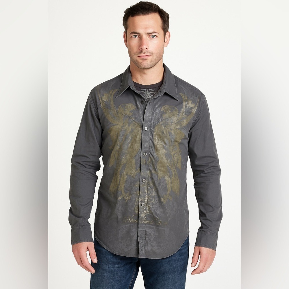 Roar Men's Embroidered Eagle‎ ButtonupShirt Gray Never Back DownGraphic Western